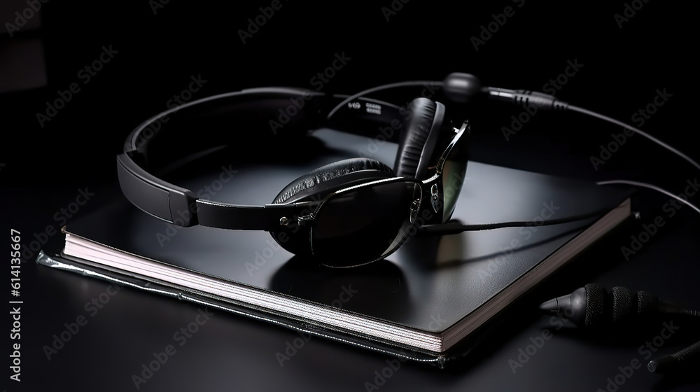 Poster call center service operator empty working place. headset, glasses. generative ai