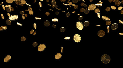 Gold coins falling from the top on black background. Generative AI