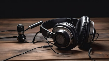 Obraz na płótnie Canvas Retro microphone and headphones on table against blue wall. Generative Ai