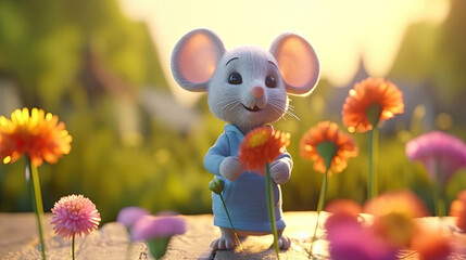 Cute cartoon mouse in peaceful garden for background or wallpaper