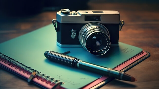 old analogue camera and notepad. Generative Ai - Powered by Adobe