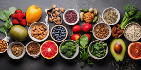Healthy food clean eating selection: fruit, vegetable, seeds, superfood, cereal, leaf vegetable on gray concrete background. Generative AI
