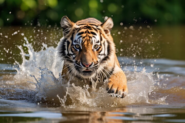 Obraz premium Little bengal tiger (Panthera Tigris) running in river
