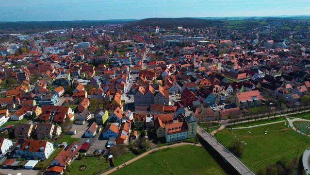 Aerial view around the old town of the city Gunzenhausen on an early spring day


