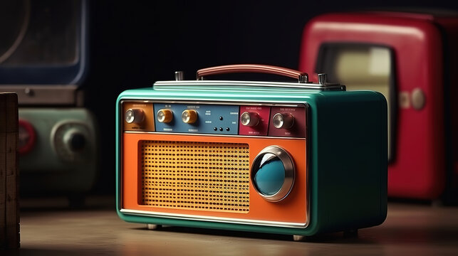 Vintage wooden retro radio receiver, macro shot of manual tuning of radio waves. Generative Ai