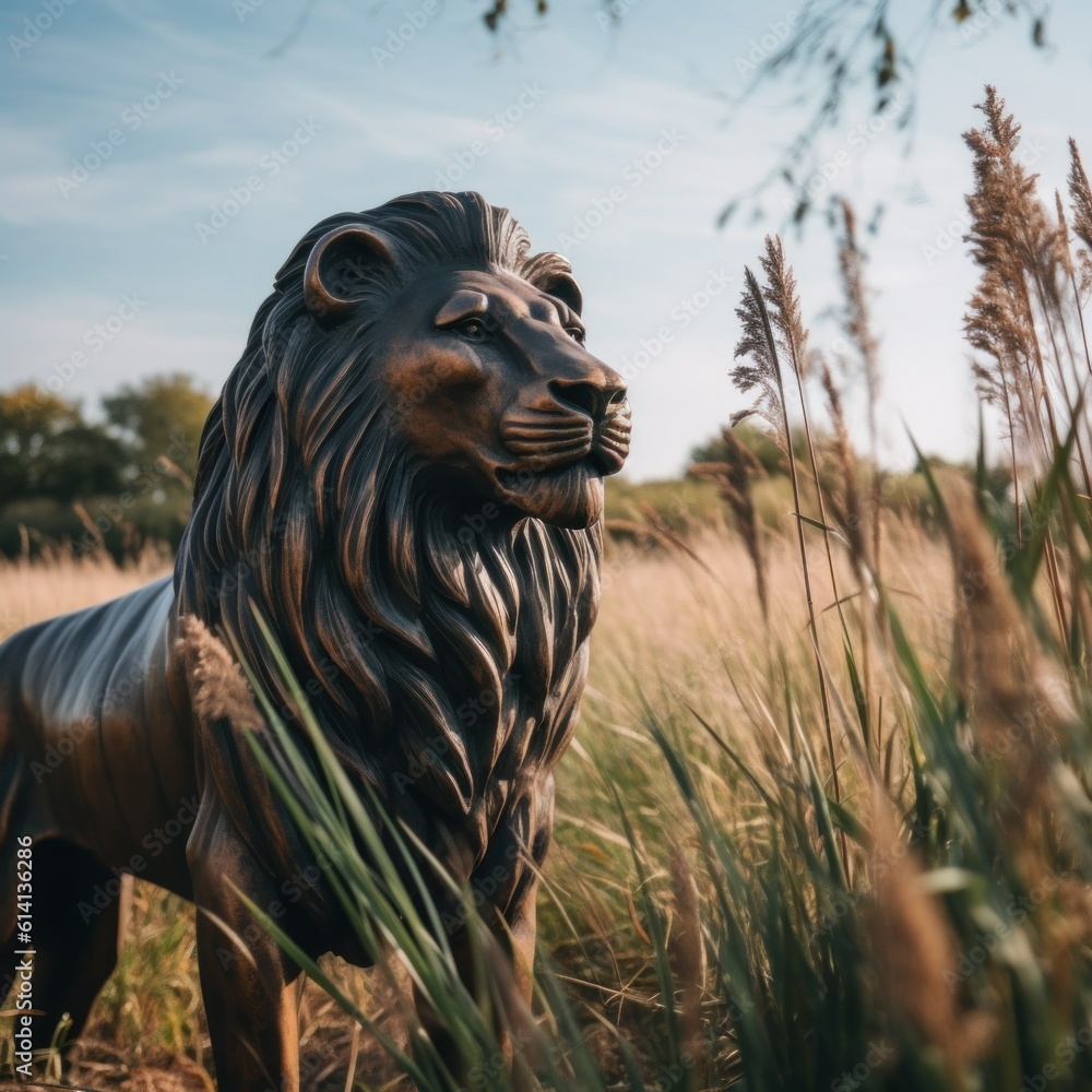 Aufkleber a statue of a lion in a field of tall grass. generative ai image.
