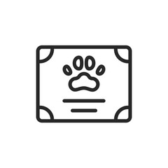 Veterinary Certificate Icon. Vector Outline Editable Sign of Diploma with Paw Representing Animal Awards Diploma, Vaccination Record, and Vet Clinic Services