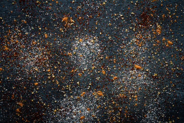 Sprinkled brown and white sugar, coffee, cocoa powder on black background.