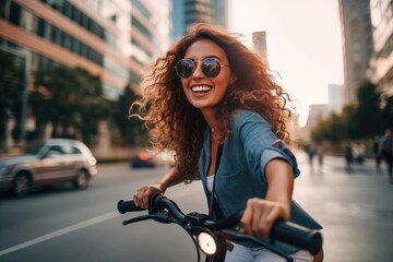A close - up shot of a young and vibrant woman enjoying a ride on an electric scooter in the heart of the city. Generative AI