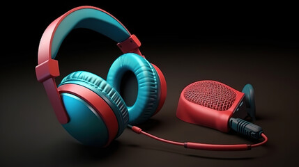 3d microphone and headphone, Bright color. Generative Ai