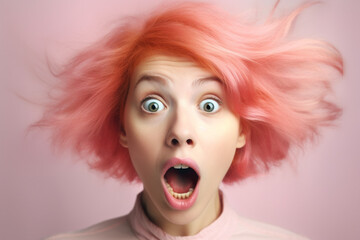 Surprised woman with a pink hair. Shocked girl portrait. AI generated