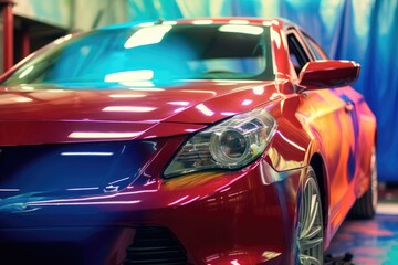 A close - up shot of a vehicle in a paint booth, as it undergoes the painting process. Generative AI