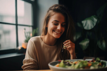 A highly detailed young and happy woman eating healthy salad sitting on the table with green fresh ingredients indoors. Generative AI