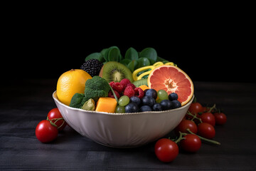Obraz na płótnie Canvas Bowl with lots of vegetables and fruits with heart shape on a dark background. Eat healthy. Generative AI