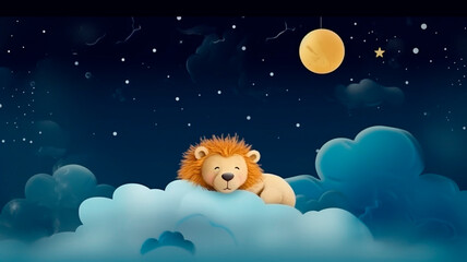 A baby lion sleeping on the cloud with a starry sky