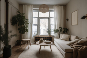 Fototapeta na wymiar Soft and comfortable European style living room interior in white tones, closeup