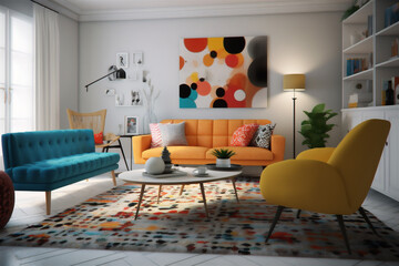 Living room interior in retro design with vibrant colors