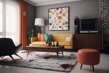  Living room interior in retro design with vibrant colors