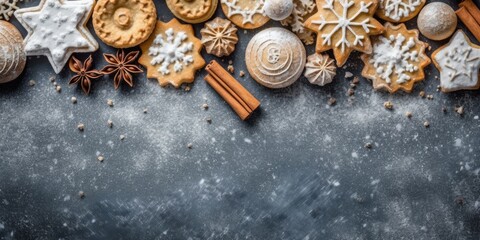 Festive banner with homemade cookies, sugar powder, neutral background, tasty bisquits close-up.