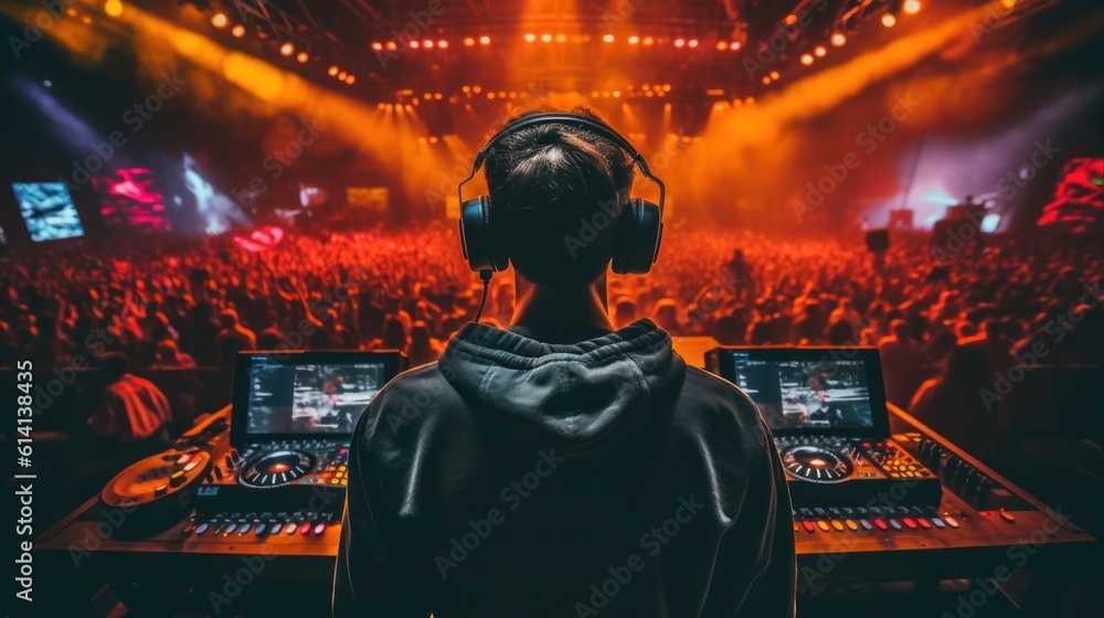 Poster a man with headphones on in front of a stage. generative ai image.