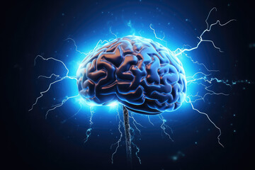 Human brain digital illustration.Flashes and lightning, electrical activity on a blue background.Generation A