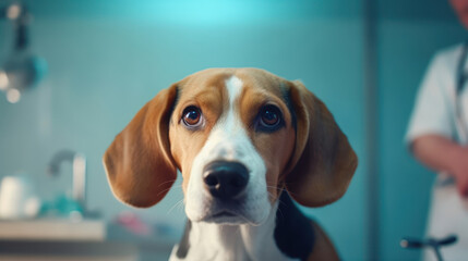 Close up of a beautiful beagle dog at the veterinarian. Sick cute pet sitting at the examination table at the animal clinic