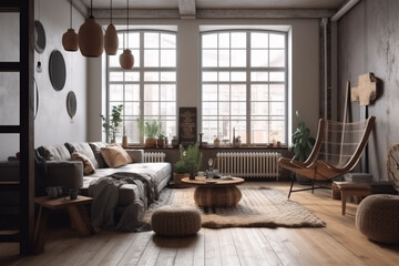 Vintage and rustic design style villa living room interior

