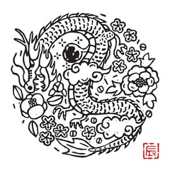 龍と花の版画風モノクロイラスト