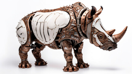 White Rhinoceros-Cyborg figurine, biomechanical, white background, studio photo
