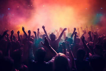 Crowd silhouettes cheering during a music concert - 614139877