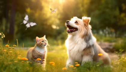 Naklejka na ściany i meble cute fluffy friends a cat and a dog catch a flying butterfly in a sunny summer garden