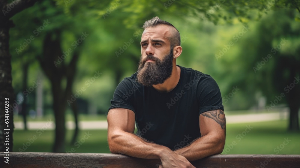 Poster a man with a beard sitting on a bench. generative ai image.