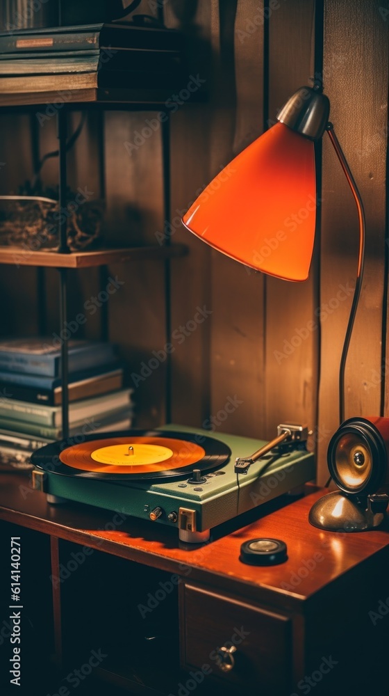 Poster a record player sitting on top of a wooden table. generative ai image.