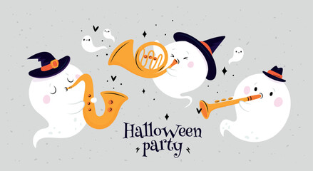 Halloween party card, poster, banner, flyer, invitation, template. Cute funny happy ghosts. Spooky boo characters for kids, childish Halloween illustration with cartoon friendly ghost
