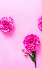 Beautiful pink carnation flowers bouquet on pink background. Elegant flat lay, top view floral composition with copy space, generative ai