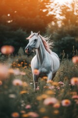 Naklejka na ściany i meble A white horse standing in a field of flowers. Generative AI image.