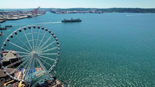Ferris Wheel Aerial with Washington State Ferry