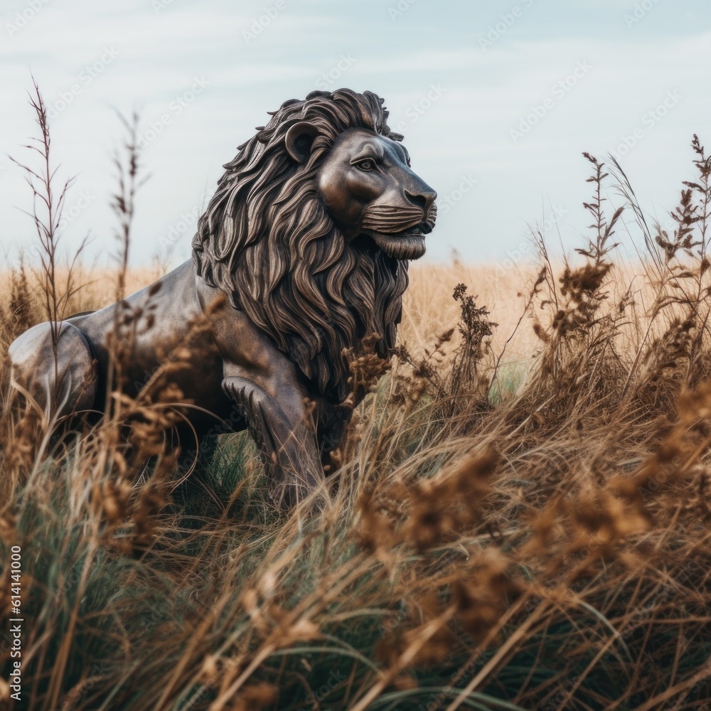 Poster a statue of a lion in a field of tall grass. generative ai image.