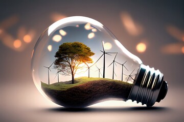 Light bulb with tree and wind turbines