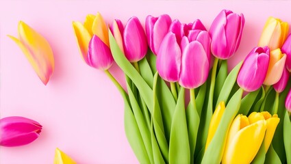 Beautiful bouquet of colorful tulip flowers on pink background, top view. Space for text, generative ai