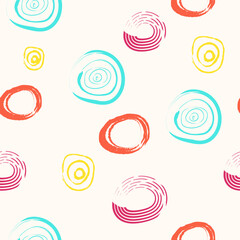 Seamless set of round abstract colorful backgrounds or patterns. Drawn doodle shapes. Spots, drops, curves, lines. Modern contemporary fashion vector illustration