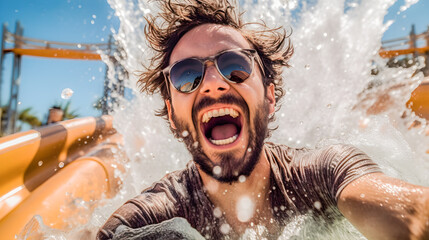 Man wearing sunglasses and happy sliding down a water slide in a water amusement park in summer. Generative ai.