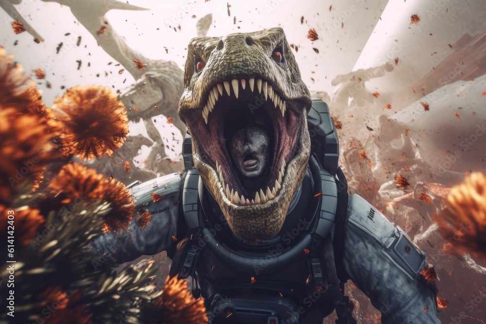 Poster a t - rex with its mouth open in front of an explosion. generative ai image.