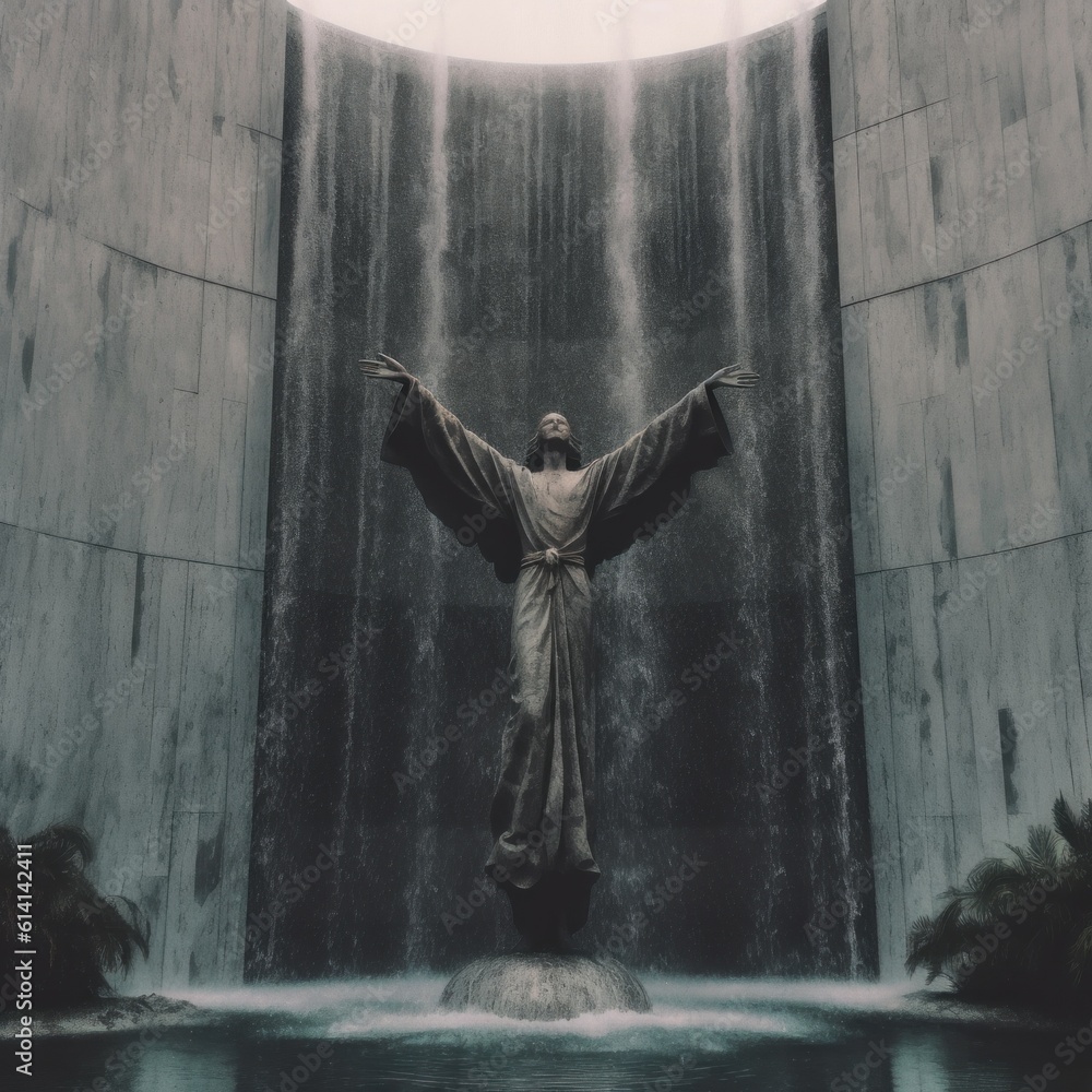 Poster a statue of jesus standing in front of a waterfall. generative ai image.