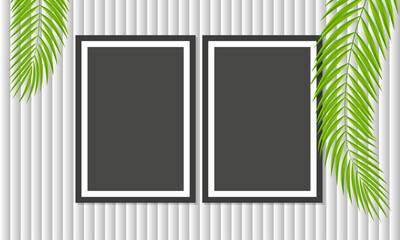 Empty Photo Frames with green leaves of palm tree on white background.