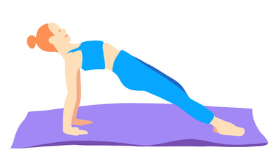Training in yoga pose of rad hair European girl in blue tracksuit on a purple mat. Pilates, sport, health. Female, lady, woman. Vector illustration in cartoon flat style isolated on white background.