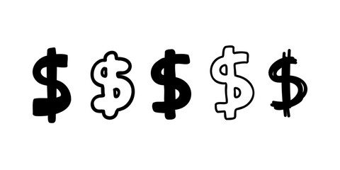 Scribble currency money finance sign icons Dollar USD collection. Vector illustration in hand made cartoon doodle style isolated on white background. For decorating, banks, logo.