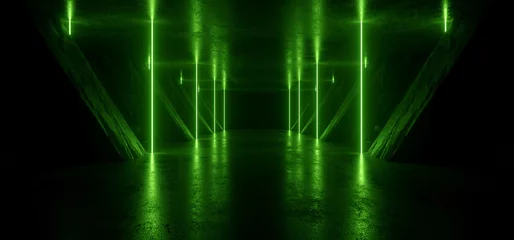 Sci Fi Futuristic Neon Laser Electric Cyber Glowing Bunker Green Lights Stage Garage Hangar Hallway Corridor Tunnel Cement Concrete Grunge Basement Club 3D Rendering © IM_VISUALS