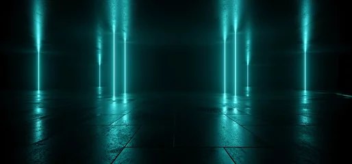 Sci Fi Futuristic Neon Laser Electric Cyber Glowing Bunker Blue Lights Stage Garage Hangar Hallway Corridor Tunnel Cement Concrete Grunge Basement Club 3D Rendering © IM_VISUALS