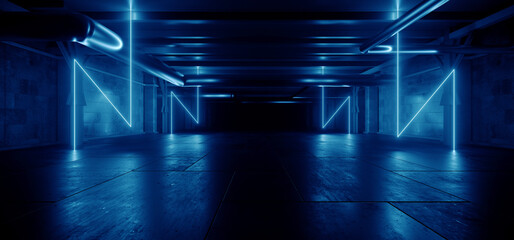 Sci Fi Futuristic Neon Triangle Laser Bolts Electric Cyber Glowing Bunker Blue Lights Stage Garage Hangar Hallway Corridor Tunnel Cement Concrete Grunge Basement Club 3D Rendering